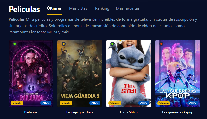 Imagen de la interfaz de usuario de Cinehdplus mostrando films y shows en alta definición